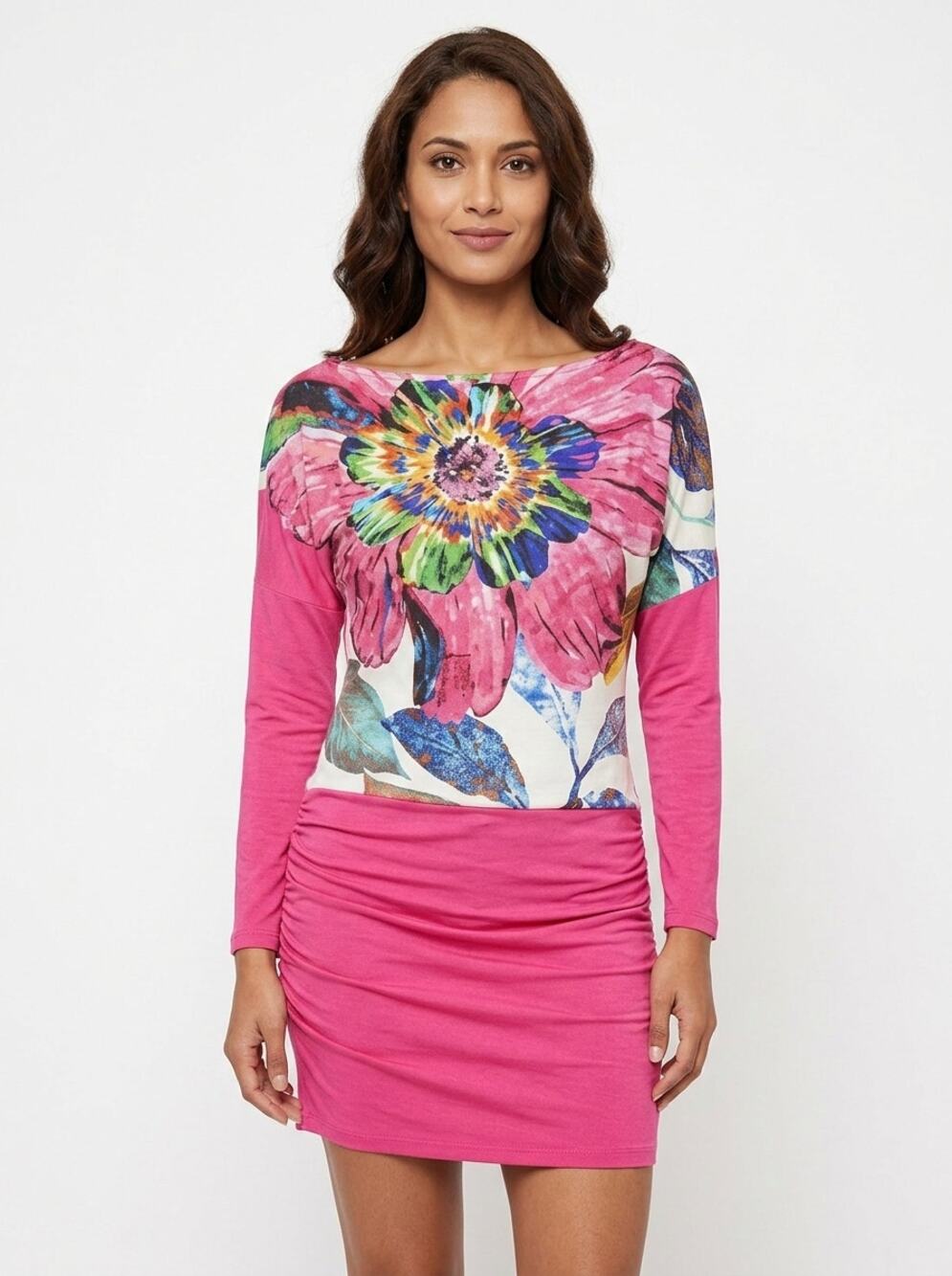 Rinascimento Made in Italy Floral Ruched Dolman Sleeve Dress Women Size S
